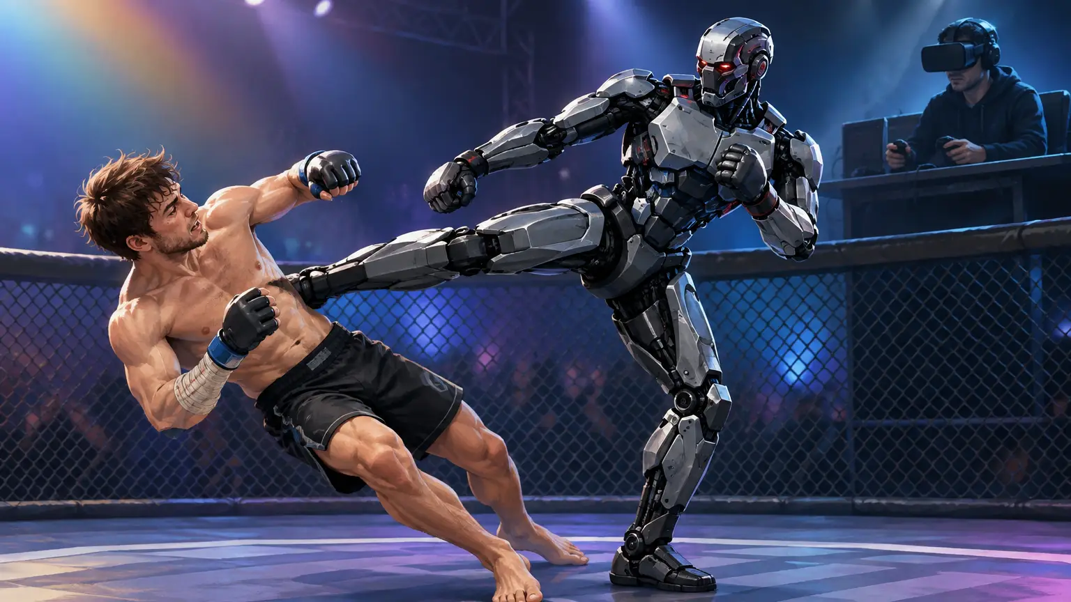 Editorial illustration for Did REK Really Stage the First Human-versus-Robot Cage Fight?