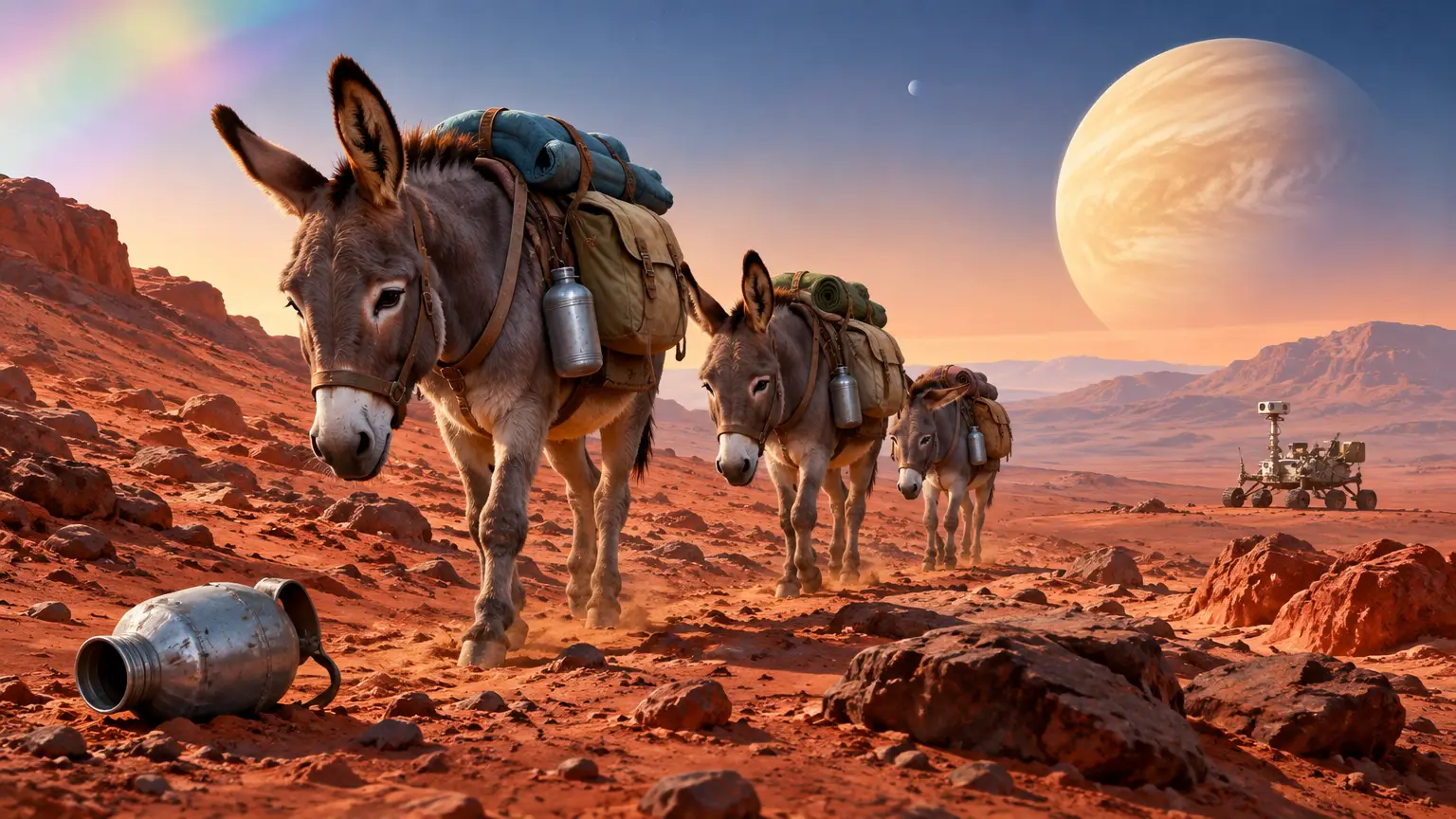 Editorial illustration for SATIRE: Donkeys run out of water trekking across Mars towards Venus mon — The Fact Desk Would Like a Word