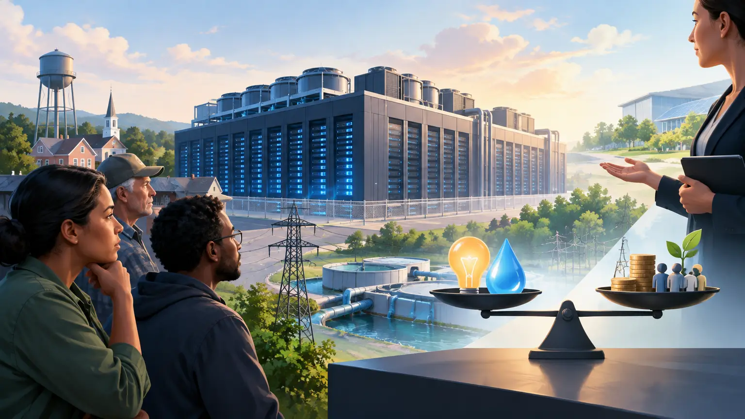 Editorial illustration for Should AI Companies Pay Electricity and Water Costs Imposed by Their Data Centers on Local Communities?