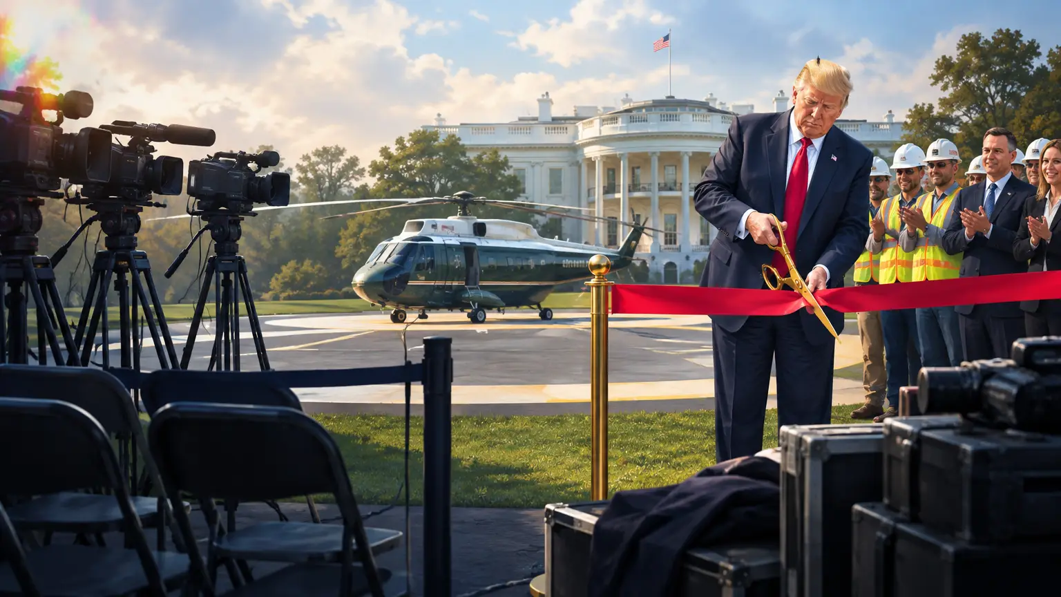 Editorial illustration for Trump's White House Helipad Opening Muted by Media Walkout Over Press Ban